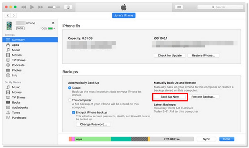 Backup on iTunes