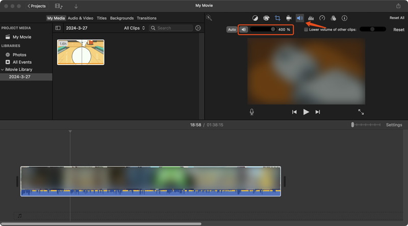 Aumente o volume do vídeo no Mac iMovie