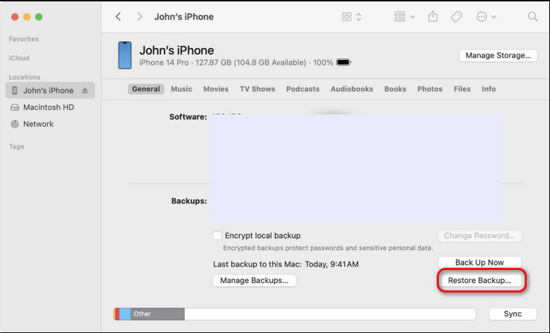 Restauração de backup do Finder