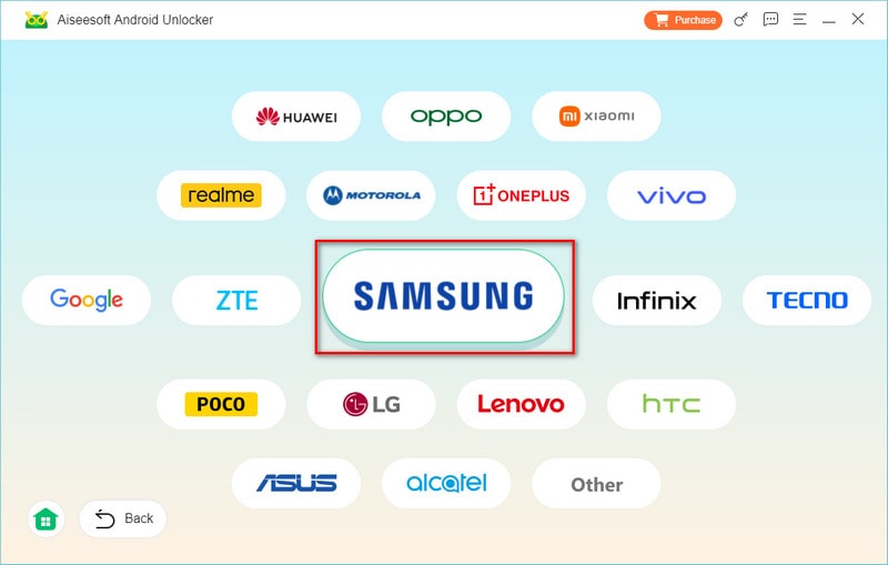 Desativar Screen Out Aiseesoft Android Unlocker Escolha a marca