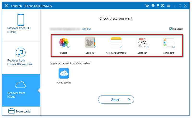 Fonelab Selecionar Tipo de Dados do iCloud para Digitalização