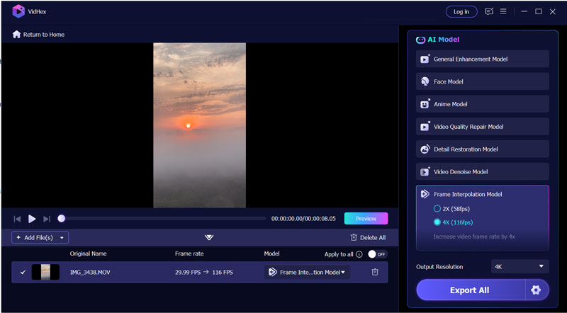 Modelo de interpolação de quadros de vídeo Vidhex AI