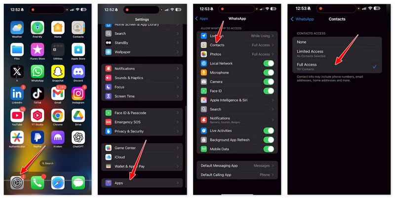 Conceda acesso total aos seus contatos do WhatsApp no ​​iPhone.